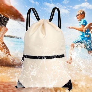 Canvas <b>Drawstring</b> <b>Backpack</b> Cream with Black Zipper Pocket and Straps - Product Image 2