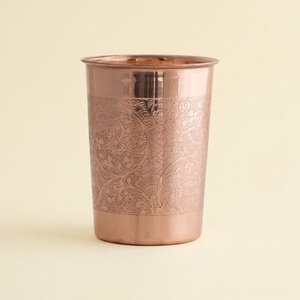 Pure Copper Tumbler With Intricate Floral Etched Design Ayurvedic Water Glass For Yoga & Wellness Health Benefits Eco-Friendly - Product Image 1
