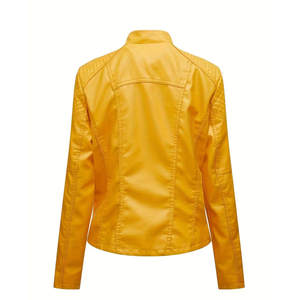 แจ็คเก็ตหนัง PU สีเหลืองสำหรับผู้หญิงขายส่ง แจ็คเก็ตมอเตอร์ไซค์แฟชั่นทรงเข้ารูป ซิปแบบอสมมาตร แจ็คเก็ตมอเตอร์ไซค์ลำลอง OEM - Product Image 5
