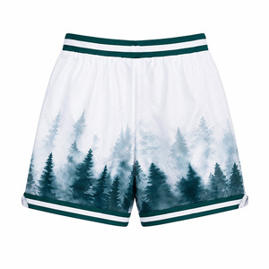 Pantalones cortos de baloncesto de malla con estampado de bosque de pines para hombre - Pantalones cortos deportivos informales con estampado gráfico, cordón y bolsillos para hacer ejercicio y correr - Product Image 1
