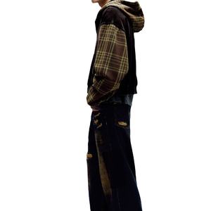 Sweats à capuche oversize pour hommes avec manches à carreaux, sweats en molleton vintage lavés, sweats à capuche personnalisés OEM, streetwear, sweats à capuche à fermeture éclair en gros, États-Unis - Product Image 3