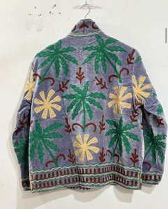 Artisan Grey Suzani <b>Velvet</b> <b>Jacket</b> <b>Women</b> Green Botanical Palm Embroidery Handmade Boho Statement Ethnic Coat Wholesale - Product Image 2