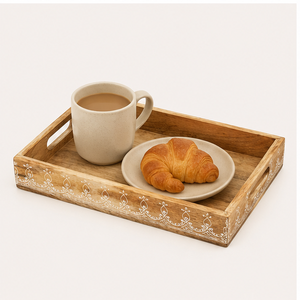 Bandeja de servir hecha a mano de madera de mango tallada con motivos florales, con asas, estilo rústico, para mesa de café, para el hogar y restaurantes. - Product Image 2