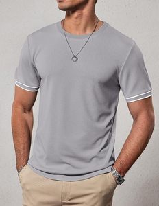T-shirt pour homme à manches courtes gris, col rond, coupe ajustée, 100% coton tricoté, décontracté, respirant, couleur unie, longueur normale - Product Image 6
