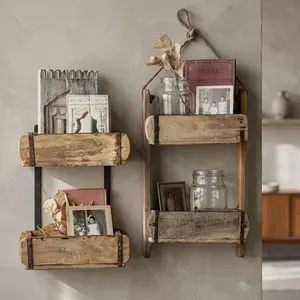 Jardinière murale vintage en bois à deux niveaux avec corde, style rustique, pour chambre et salon - Product Image 5