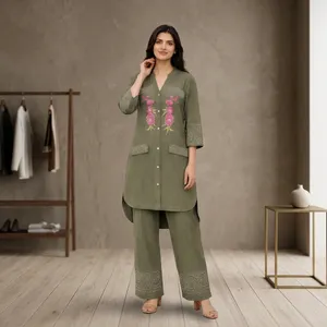 Women's Olive Green Embroidered <b>Linen</b> Cotton Kurta <b>Set</b> Three Quarter Sleeve Floral Design Casual Spring Summer Outfit - Product Image 1
