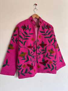 Pink Mandarin Collar Embroidered Coat Floral Print Long Sleeve Loose Fit Chinese Style Woven Acrylic Jacket <b>All</b> Seasons Casual - Product Image 3