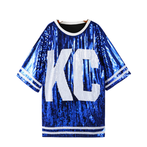 Women's Oversized <b>Sequined</b> T-Shirt KC Letter Print Short Sleeve Loose Fit O-Neck Blue Glitter <b>Top</b> - Product Image 1