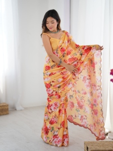 India Pakistan Style Regular Length Regular Fit <b>Orange</b> Chinon <b>Saree</b> with Mirror Work Women Traditional Party Wedding Wear - Product Image 6