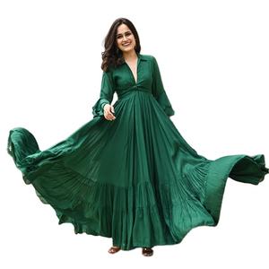 Robe au sol au design unique pour femmes à volants manches trois-quarts col en V pour les fêtes de mariage taille naturelle teinte unie - Product Image 1