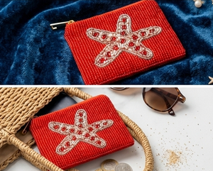 Mini porte-monnaie rouge perlé avec motif étoile de mer, fermeture éclair faite à la main, style unisexe de luxe - Product Image 3