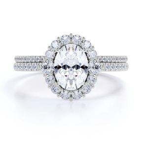 Vintage 1.55 Carat Oval Cut Moissanite Diamond Luxury Bridal Engagement Wedding <b>Ring</b> <b>Set</b> Flower Halo Design Gold Plated - Product Image 1