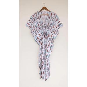 Vestido Kaftán de Algodón con Estampado de Peces Estilo Boho para Mujer, Blanco, para la Playa, con Cintura Ajustable con Cordón, Cuello en V, Ropa de Resort - Product Image 1