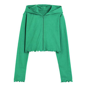 Haut court zippé à capuche en coton et polyester, coupe droite, côtelé, grande taille, couleur unie, vêtements pour femmes, modèle OEM Premium, coupe ample - Product Image 1