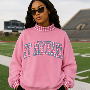 Sudadera Personalizada para el Día del Partido Universitario, Color Azul Claro con Ribete a Cuadros, Cuello Alto, Felpa Gruesa, Arched ST MICHAEL - Product Image 4