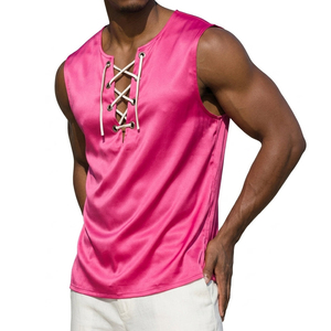 Wholesale OEM Custom Made Men's Satin Lace Up V-Neck Sleeveless Tank Tops Summer Casual Stylish Beach Wear Tank Tops For Men - Product Image 3