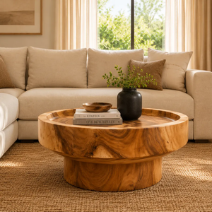 Minimalist Japandi Solid Suar <b>Wood</b> <b>Round</b> <b>Coffee</b> <b>Table</b> Tray Top Raised Edge Pedestal Handmade Natural Grain Furniture - Product Image 5
