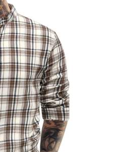 Chemise en coton à carreaux blancs et bruns pour homme, manches longues, boutonnée, décontractée, coupe ajustée, fabrication OEM sur mesure. - Product Image 2