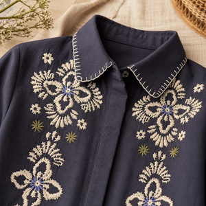 Camisa de Algodón Gris Oscuro con Bordado para Mujer, Manga Larga, Diseño Floral en la Parte Delantera, Blusa Informal a la Moda - Product Image 2