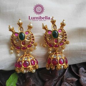 Half Moon Kemp Jhumki Earrings-18K Gold Plated Zinc Alloy Charm Earrings with Amethyst & Pearl for Wedding and Party - Product Image 1