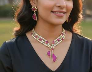 Elegant Gold Plated <b>Statement</b> <b>Necklace</b> with Pink Crystal and Imitation Pearl Beads for Women Wedding Jewelry - Product Image 1