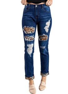 กางเกงยีนส์ทรงตรงเอวกลางสไตล์วินเทจสำหรับผู้หญิง ขายส่งจากโรงงาน ลายเสือดาว แต่งผ้าแบบแพทช์เวิร์ค ดีไซน์ขาดๆ ผ้าฝ้าย สำหรับฤดูร้อนและฤดูใบไม้ร่วง - Product Image 4