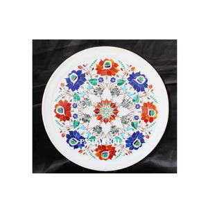 Indian Best Quality Handmade White Marble Inlay Round <b>Plate</b> With Glossy <b>Surface</b> For Home Office And Kitchen Decorative Supplier. - Product Image 1