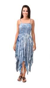 Vestido de verano con efecto fruncido, teñido anudado índigo, de rayón, estilo bohemio hippie y hada - Product Image 3