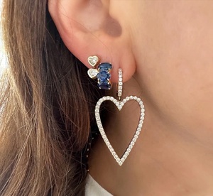 Fashion Drop Earrings 14K Solid Gold Custom Wholesale Fashion Jewelry Silver 925 Double Bezel Setting Duo Heart Drop Earring - Product Image 2