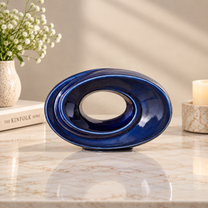 Urne funéraire artistique en métal bleu profond, design sculptural en forme d'anneau, finition brillante, récipient pour cendres commémoratives pour la maison - Product Image 1
