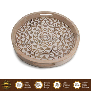 Excellent Quality White <b>Wash</b> Color Solid Mango Wood Handmade Round Food Serving Tray with Handles <b>Set</b> of 2 for Restaurants - Product Image 2