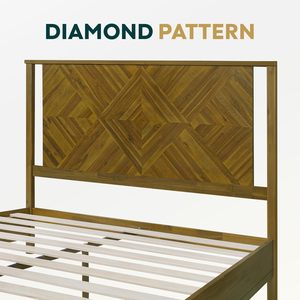 Marco de cama Queen moderno de mediados de siglo con cabecero de diamante marrón oscuro rústico Madera de Acacia maciza No se necesita resorte de caja Se adapta a todos - Product Image 6