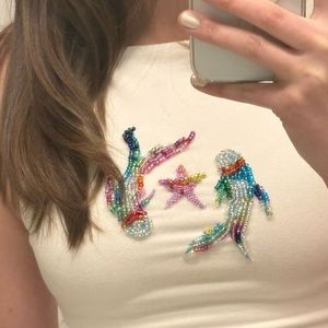Multicolor Marine <b>Fish</b> & Starfish Motif Hand-Beaded Embroidery Ribbed Cotton Tank Top Women Summer Sleeveless <b>Shirt</b> Internationa - Product Image 1