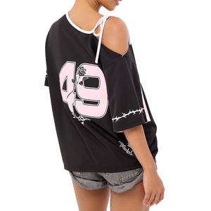 Wholesale Custom Women Jersey Top <b>Tie</b> Shoulder Relaxed Fit Cotton Streetwear Fashion Sports Tee OEM Manufacturer Jersey - Product Image 2