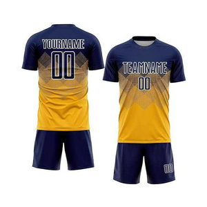 ชุดเสื้อฟุตบอลแบบซับลิเมชั่นสั่งทำพิเศษ เป็นมิตรกับสิ่งแวดล้อม ระบายอากาศได้ดี สำหรับผู้ชาย แขนสั้น คอวี สีเหลืองกรมท่าไล่เฉด ซับเหงื่อได้ดี - Product Image 1
