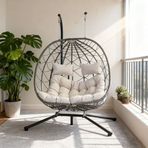Sedia a dondolo a uovo per 2 persone, da interno/esterno, con supporto in vimini, sedia a cesto sospesa per patio, mobili durevoli ed eleganti per interni/esterni - Product Image 1