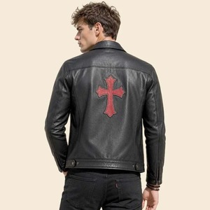 Men Black <b>Gothic</b> Leather Biker <b>Jacket</b> with Cross Patch Zip Up Style - Product Image 2