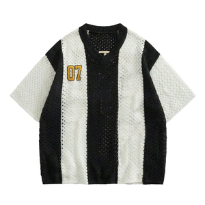 Vintage Striped Knit Sports Jersey for Men Oversized V-Neck Mesh Embroidery Short Sleeve Streetwear T-Shirt - Product Image 1