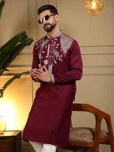 <b>Men</b> Maroon Embroidered <b>Kurta</b> With White Pyjama Regular Fit Traditional Indian Pakistani Wedding Wear Knee-Length - Product Image 5