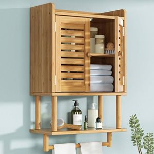 Armoire murale de salle de bain en teck moderne avec étagère ouverte et design d'organisation de rangement gain de place - Product Image 1