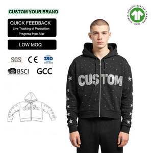 Sudadera con capucha para hombre con diseño estampado de pedrería de cristal personalizada, con efecto desgastado en toda la prenda, corte cropped, con cremallera, ajuste holgado, estilo streetwear oversize - Product Image 1