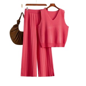 Conjunto de dos piezas de punto tejido con cuello en V liso y casual de verano Blubelle para mujer - Top sin mangas holgado y pantalones de pierna ancha - ¡Novedad! - Product Image 5