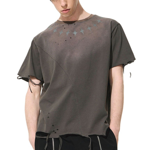 Custom Men Brown Acid Wash Cotton T-<b>Shirt</b> Distressed Ripped Vintage Tee Boxy Fit Neck <b>Star</b> Print Streetwear High Quality 220g - Product Image 4