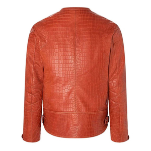 Veste de motard en cuir PU gaufré crocodile pour homme, col montant, fermeture éclair, couleur orange rouille - Product Image 2