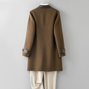 <b>Men's</b> Brown Genuine <b>Leather</b> <b>Long</b> <b>Coat</b> Turn-down Collar Single Breasted Casual Winter Jacket with Front Logo and Faux Fur Lining - Product Image 2