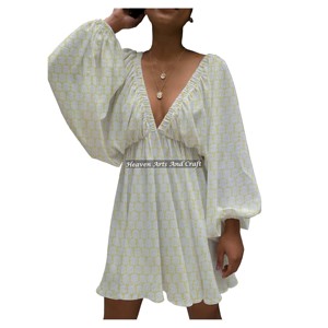 Mejor Precio de Fábrica al por Mayor: Nuevos Vestidos Casuales de Moda para Mujer, Estampados a Mano, de Cuello en V Profundo, Estilo Linterna, de Venta Caliente - Product Image 1