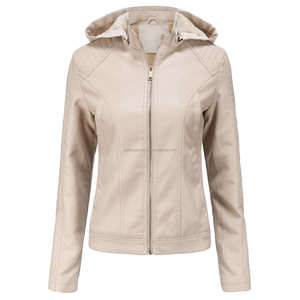Élégant Beige élégant à capuche Moto cuir polyvalent vestes pour femmes avec doublure Sherpa fermeture à glissière confort Durable - Product Image 3