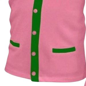Pink <b>Varsity</b> <b>Cardigan</b> Sweater with Green Trim Button Front Long Sleeve Knit Pullover Casual Fashion Sweater for Women - Product Image 3