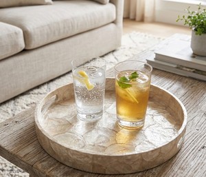 Handmade Round Mother of Pearl Decorative Serving Tray for <b>Coffee</b> <b>Table</b> Coastal Farmhouse Home Decor Accent from Vietnam - Product Image 6