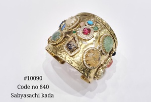 Bracelet manchette plaqué or 10089 avec pierres précieuses multicolores et perles, jonc ouvert en zircon cubique, bijou manchette pour mariage - Product Image 6
